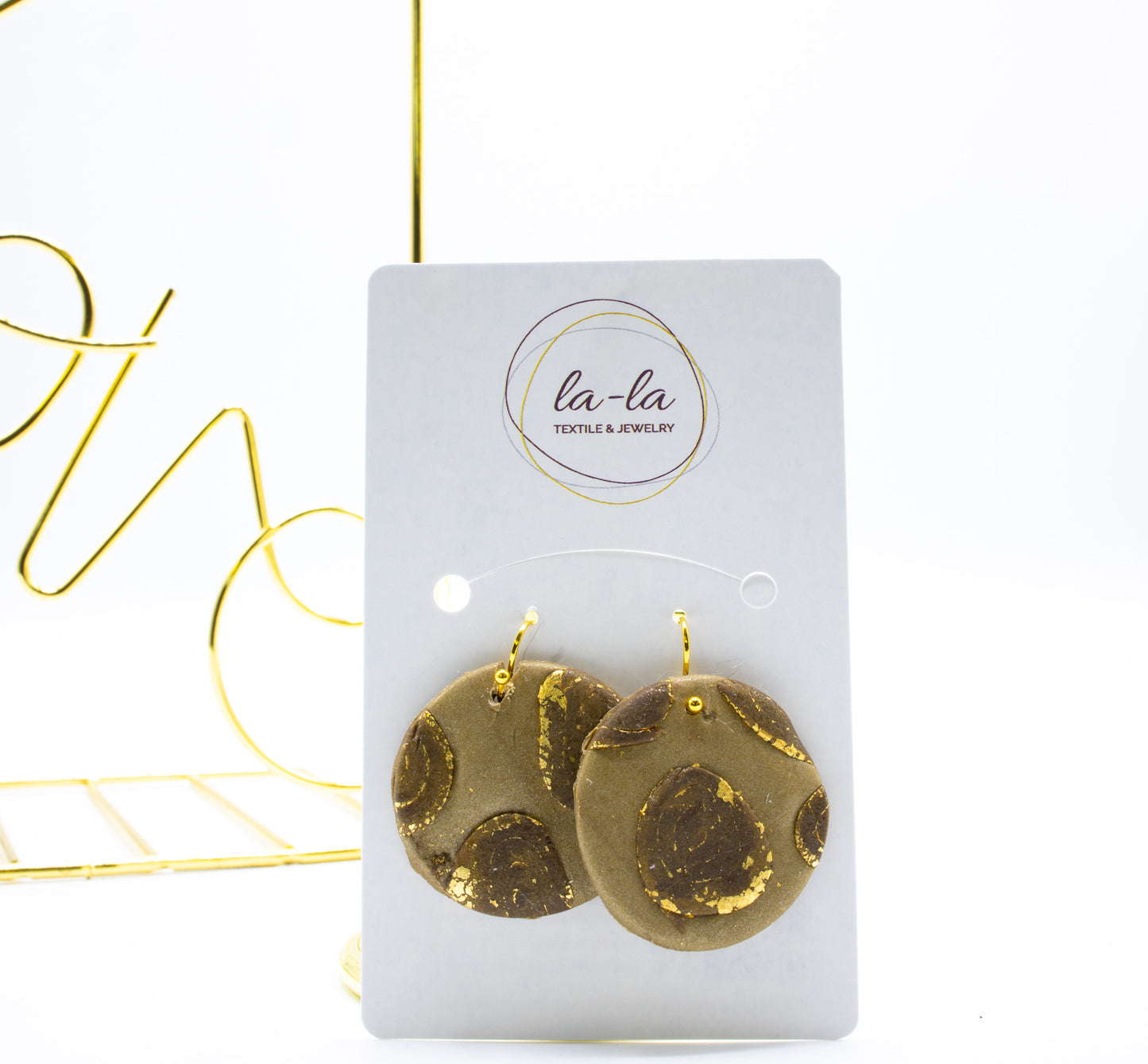 Taupe and Gold Leaf Circle Dangle Earrings