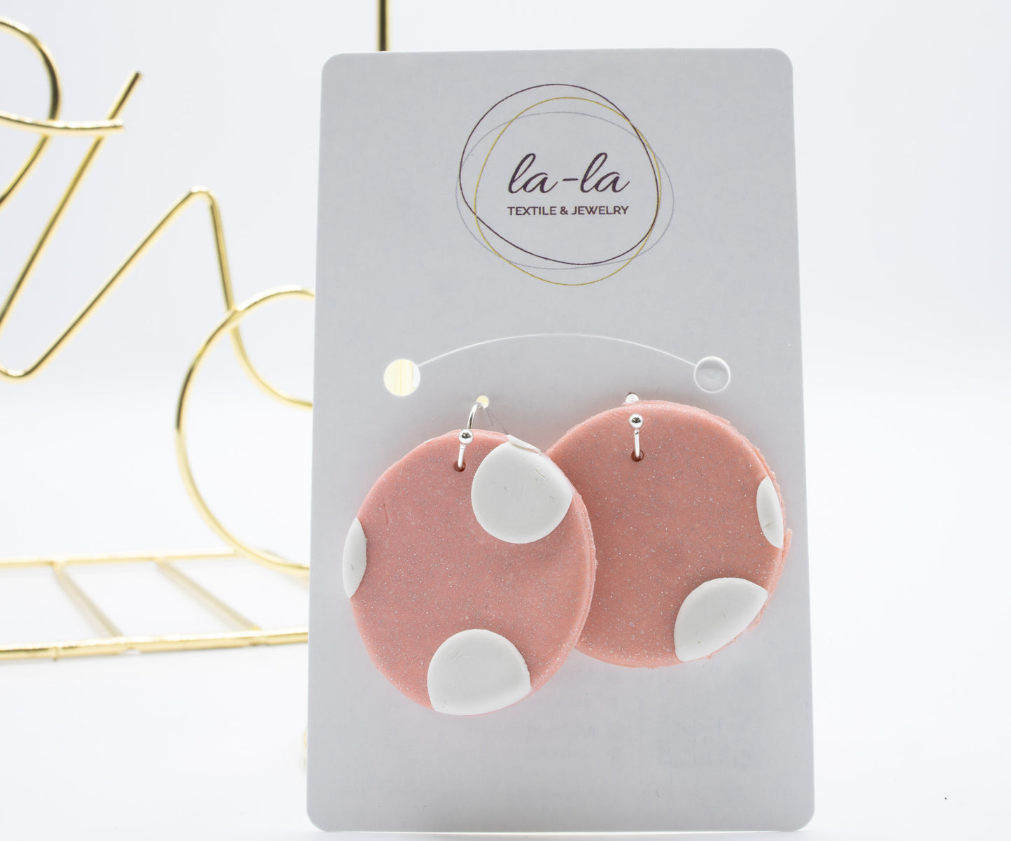 Pink and White Polka Dot Circle Dangle Earrings