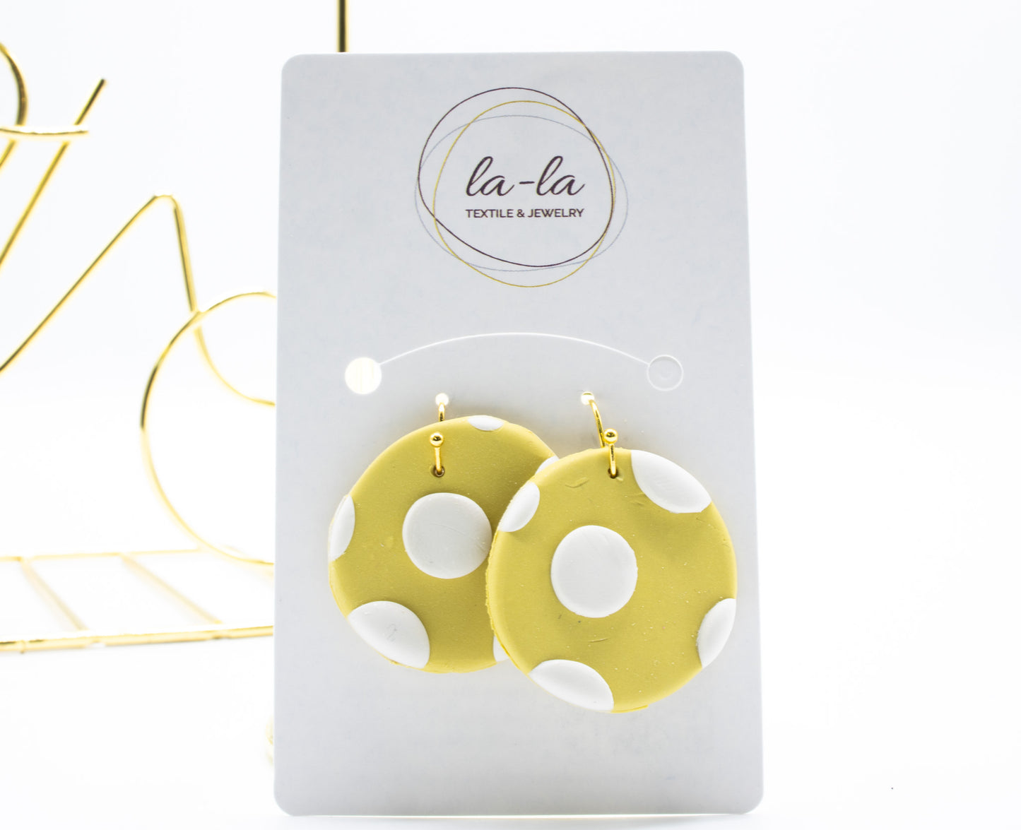 Yellow and White Polka Dot Circle Dangle Earrings