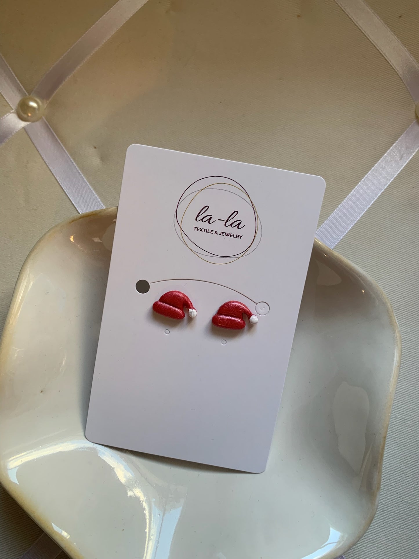 Red Santa Hat Resin Stud Earrings with White Pom Poms