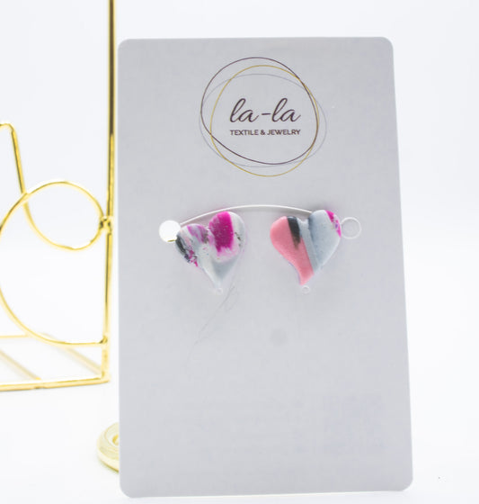 Pink Purple Gray Marbled Heart Stud Earrings
