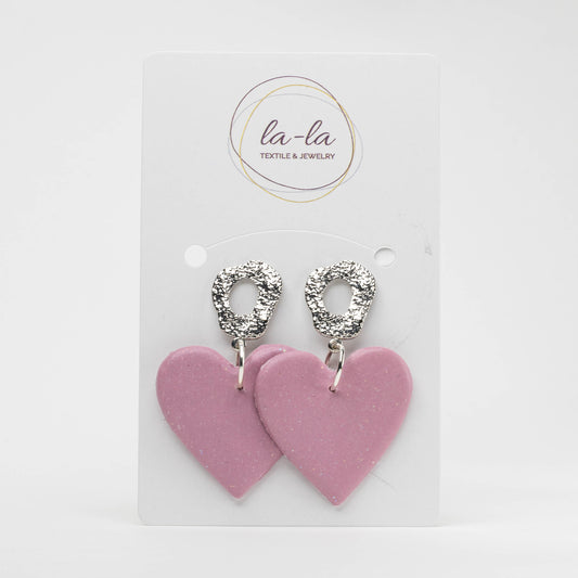 Lavender Sparkle Heart Dangle Earrings with Silver Connector