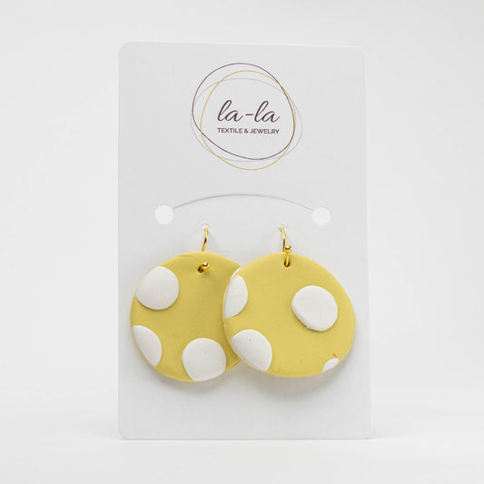 Yellow and White Polka Dot Circle Dangle Earrings