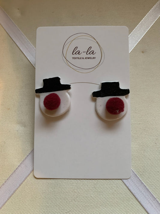 Snowman Face Resin Stud Earrings with Black Hat Red Nose