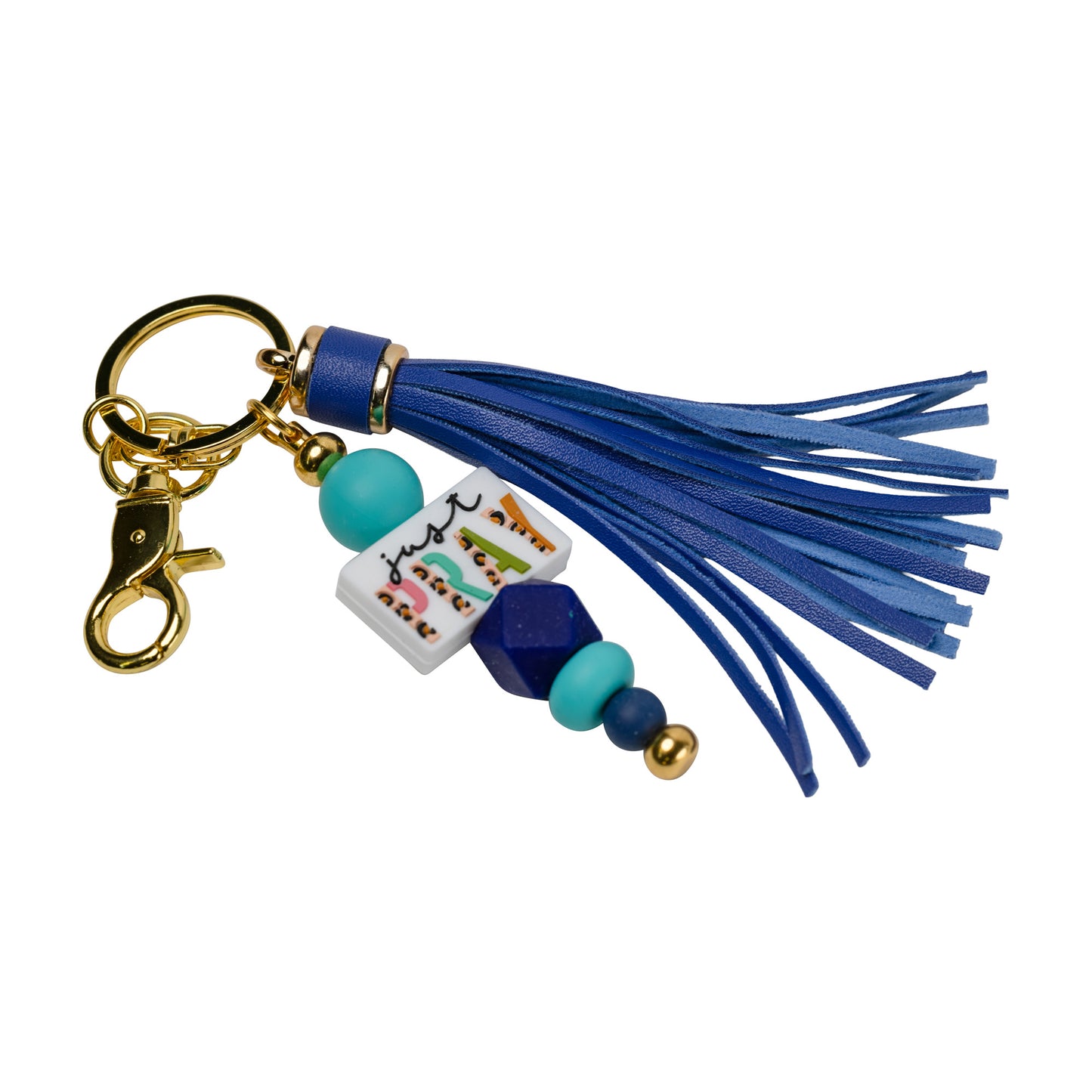 Just Pray Beaded Keychain with Blue Tassel
