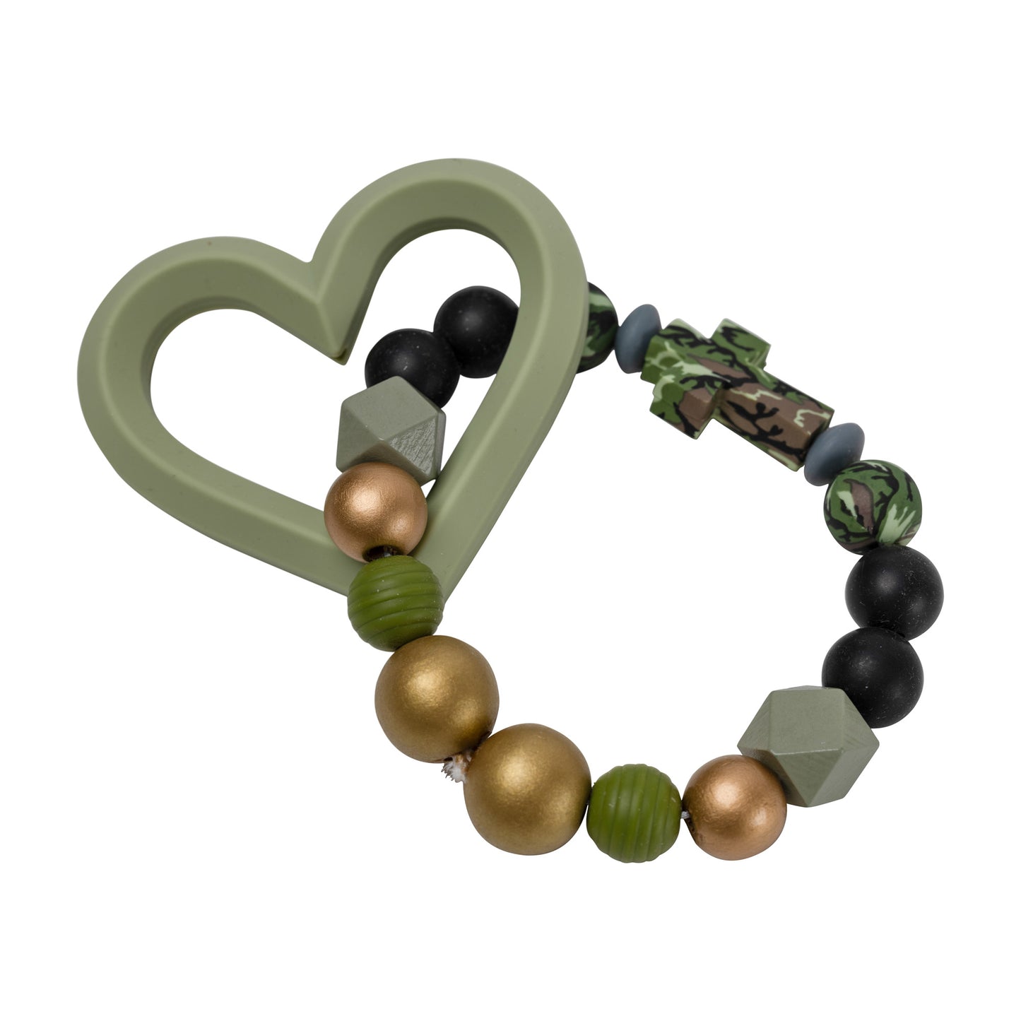 Green Camo Heart Silicone Baby Teether with Cross