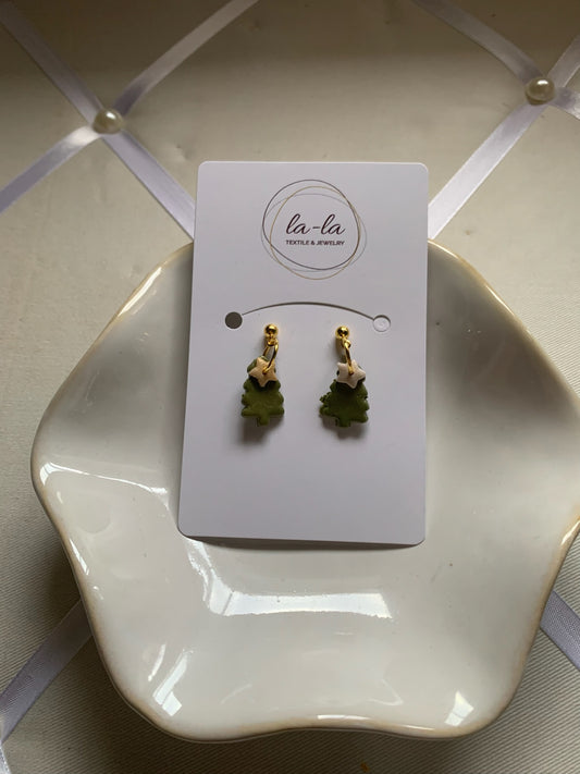 Green Christmas Tree Dangle Earrings with Gold Stars