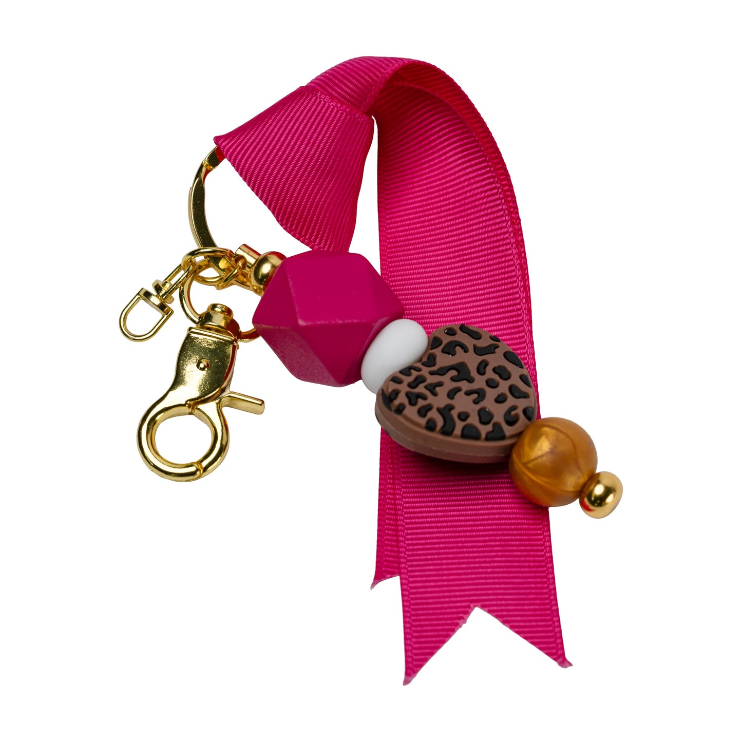 Hot Pink Leopard Heart Beaded Keychain