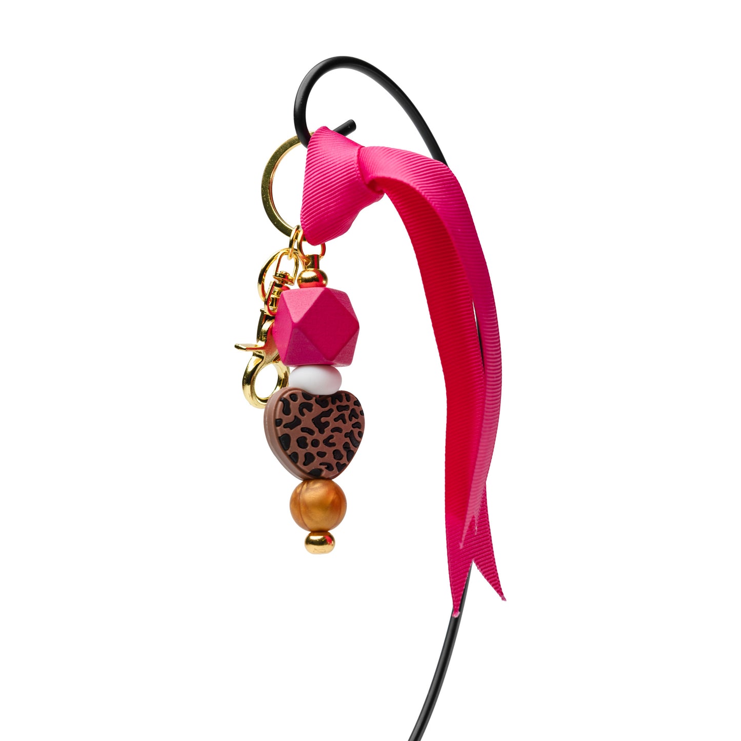 Hot Pink Leopard Heart Beaded Keychain