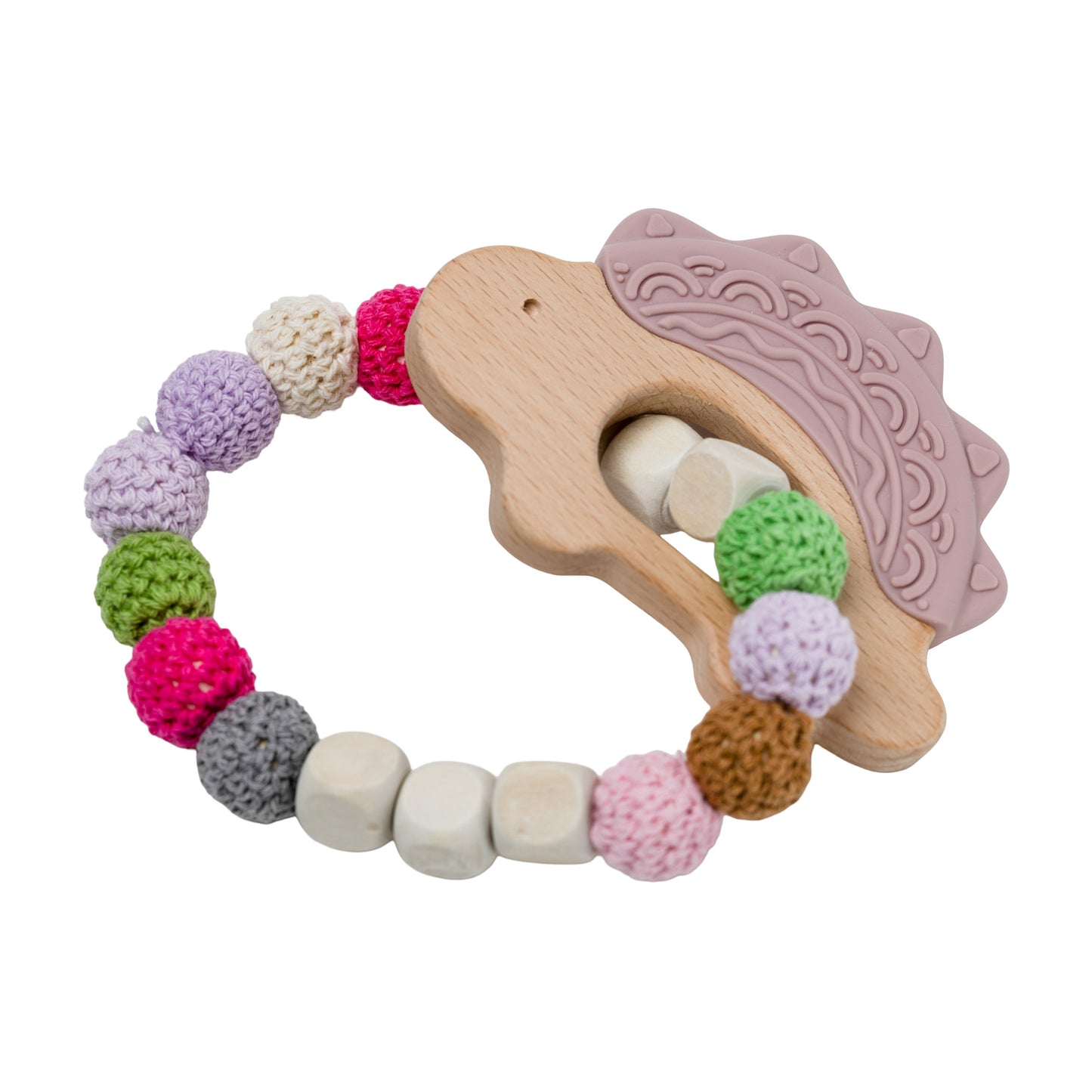 Pink Hedgehog Rainbow Crochet Wood Baby Teether