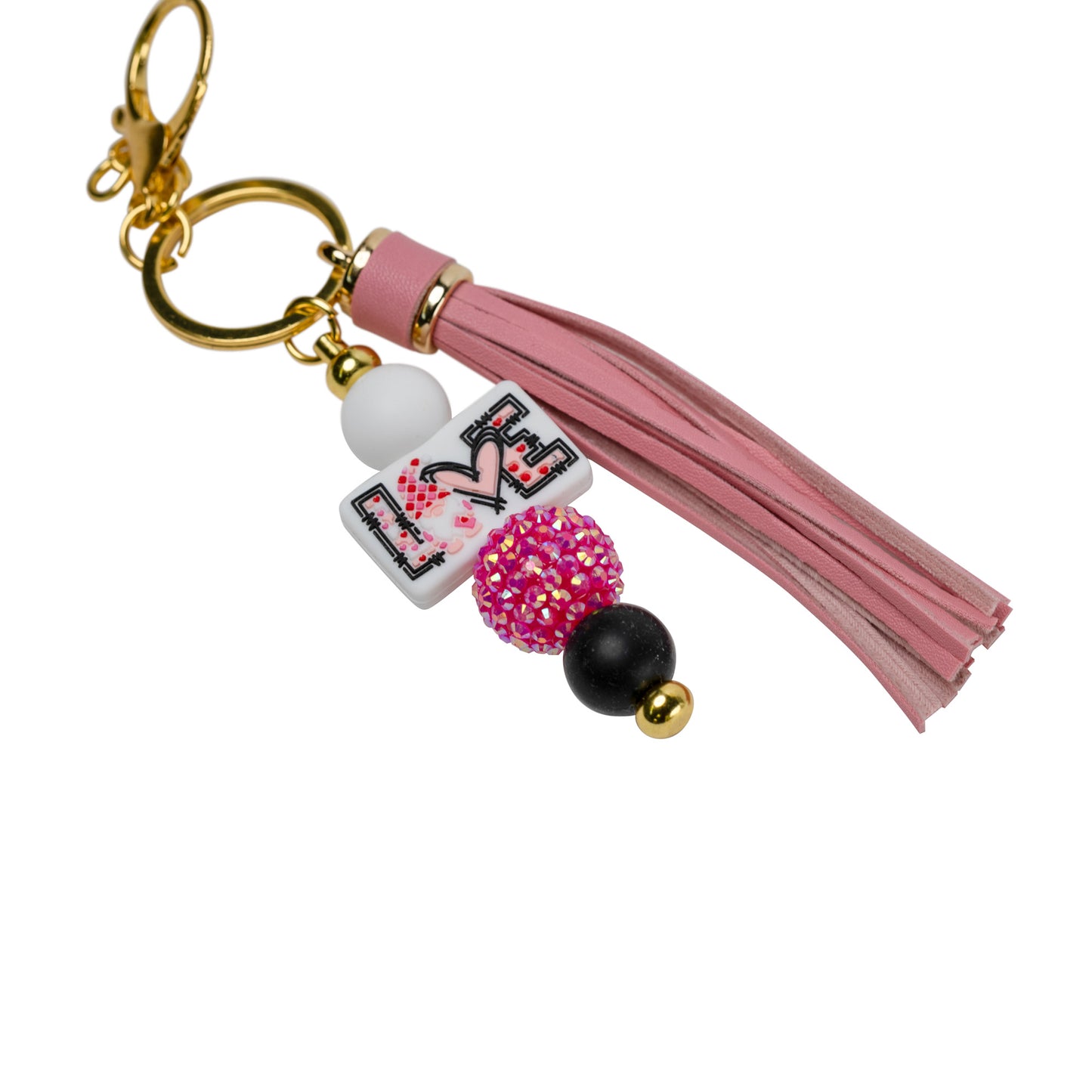 Pink Love Rhinestone Beaded Keychain with Tassel