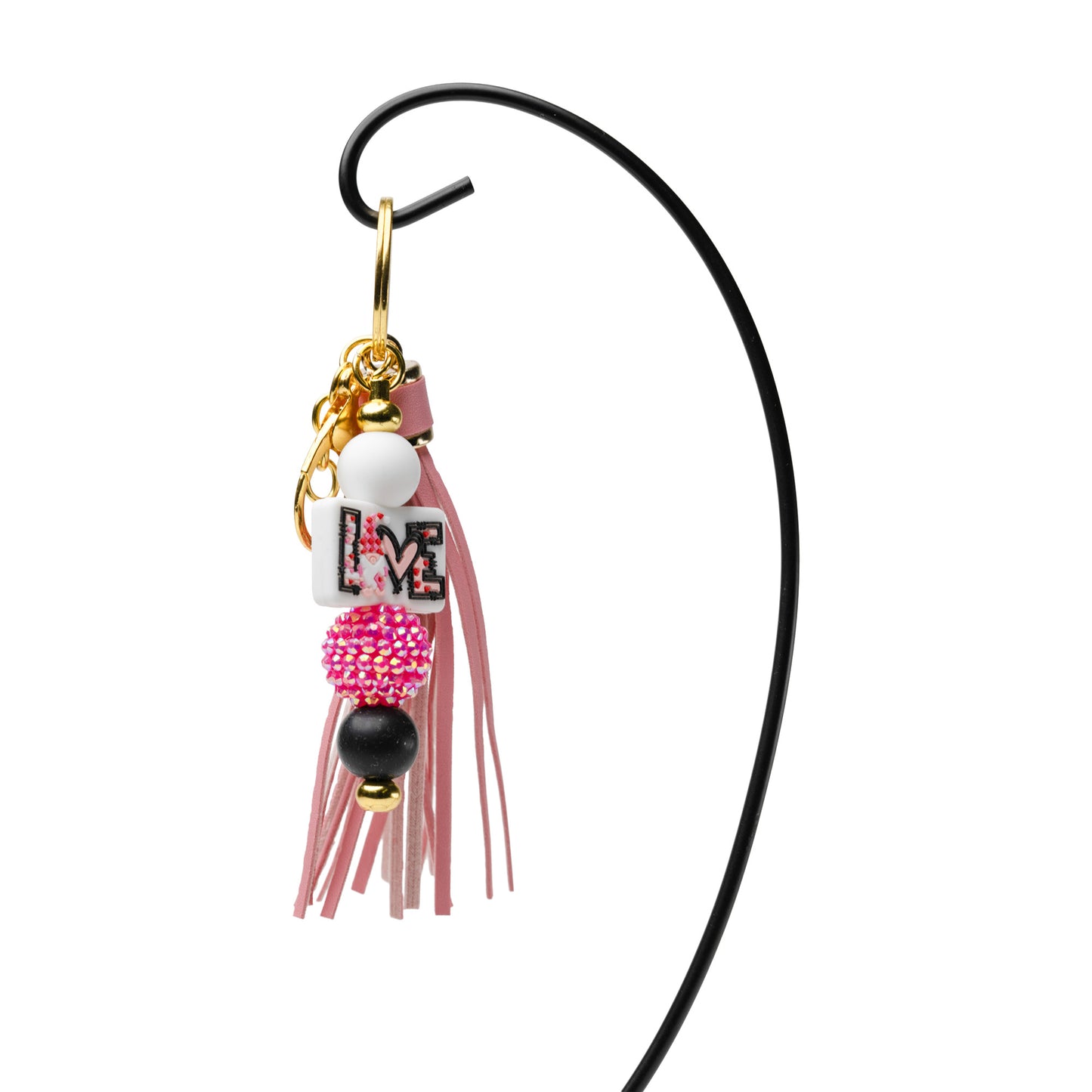 Pink Love Rhinestone Beaded Keychain with Tassel