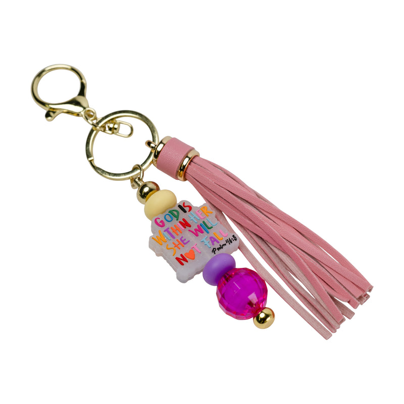 Psalm 46:5 Scripture Beaded Keychain with Pink Tassel