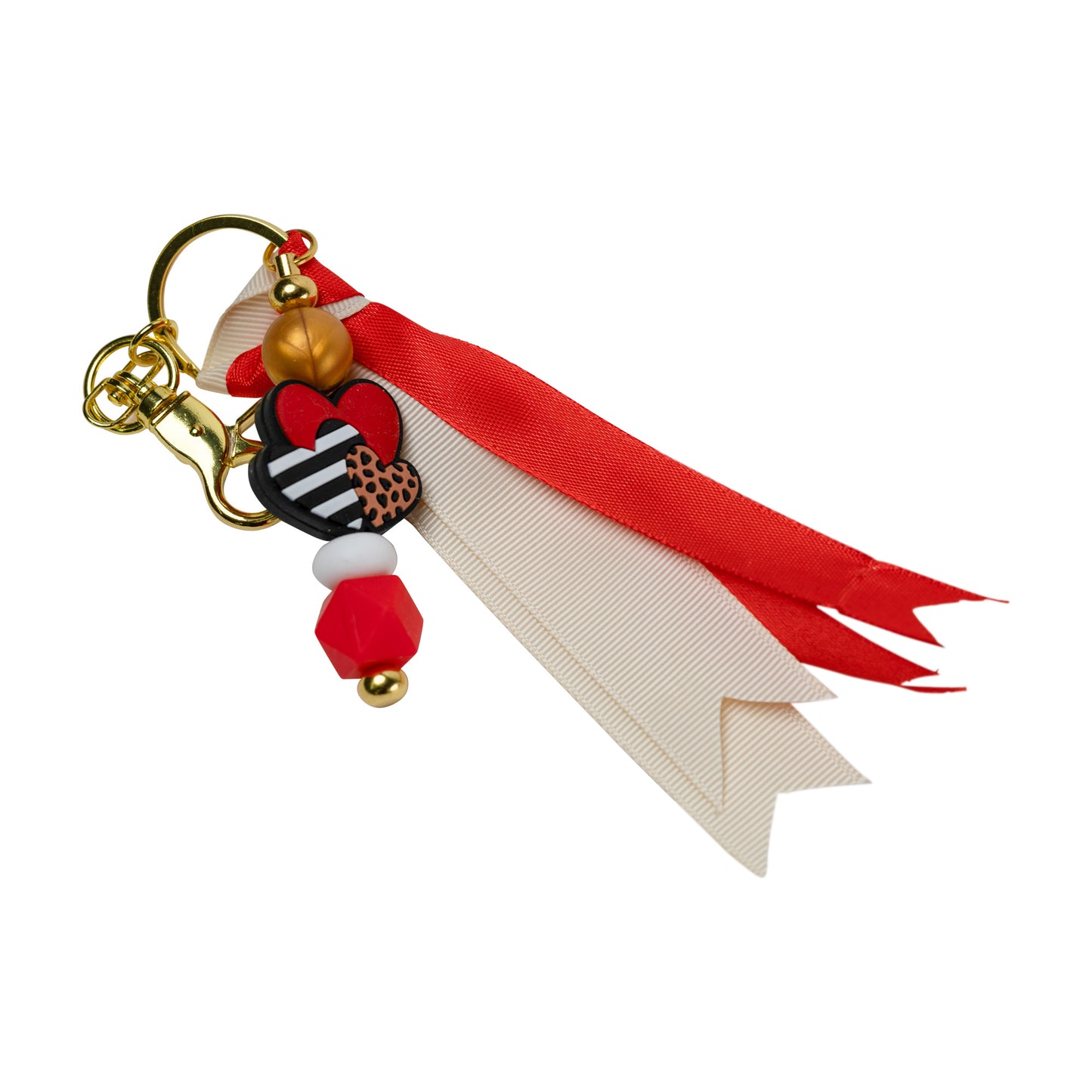 Red Stacked Hearts Beaded Keychain with Ribbon