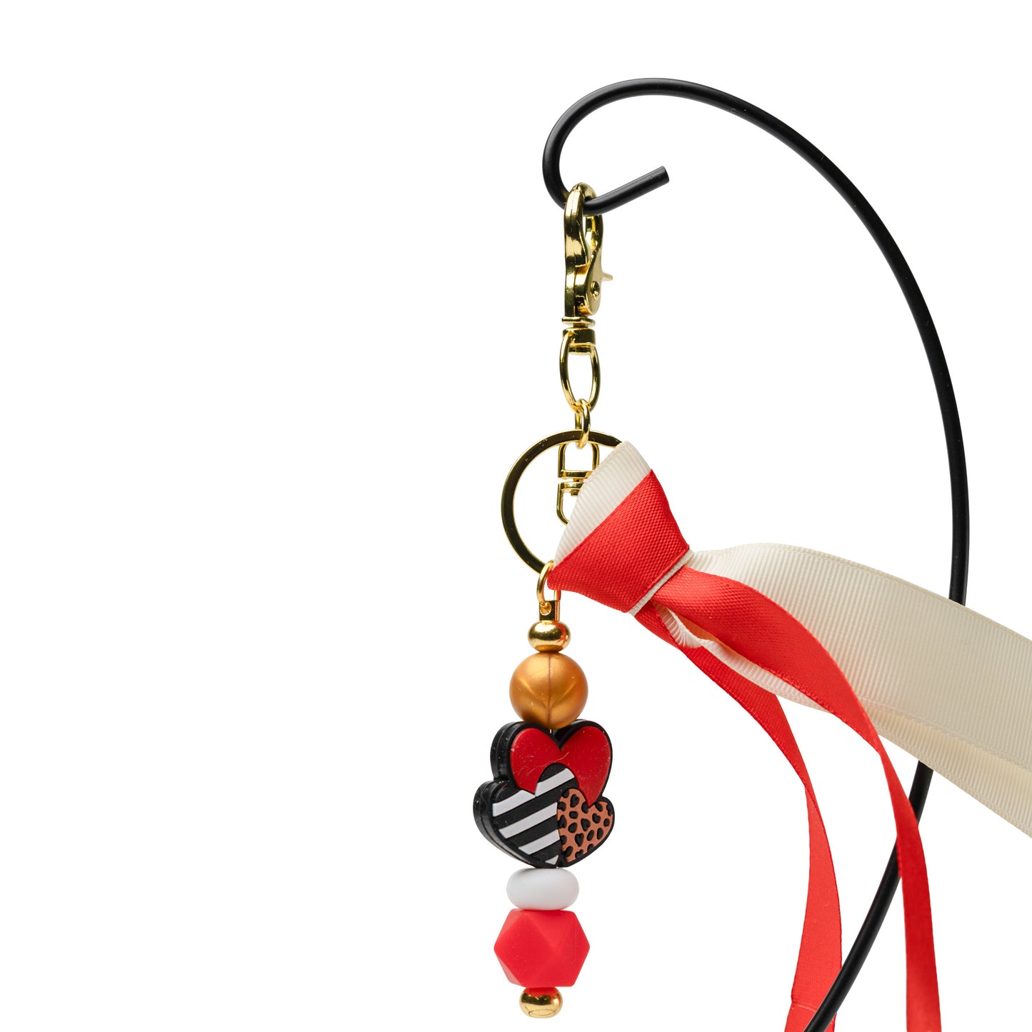Red Stacked Hearts Beaded Keychain with Ribbon