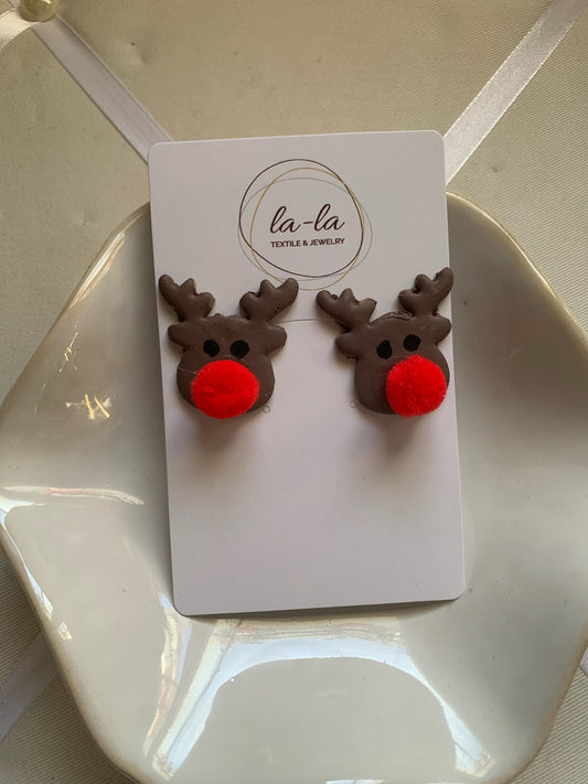Rudolph Reindeer Resin Stud Earrings with Red Nose