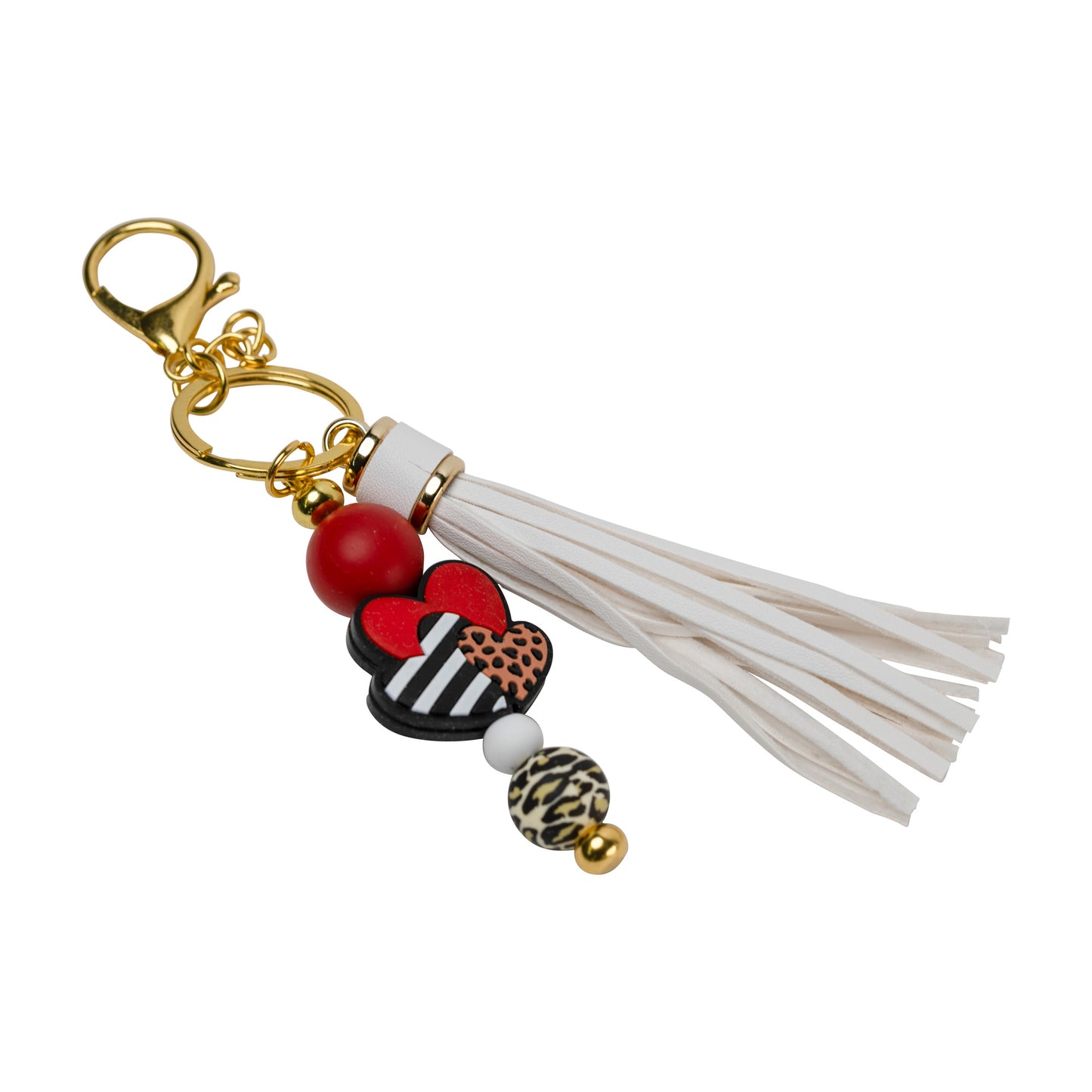 White Stacked Hearts Leopard Beaded Keychain with Tassel