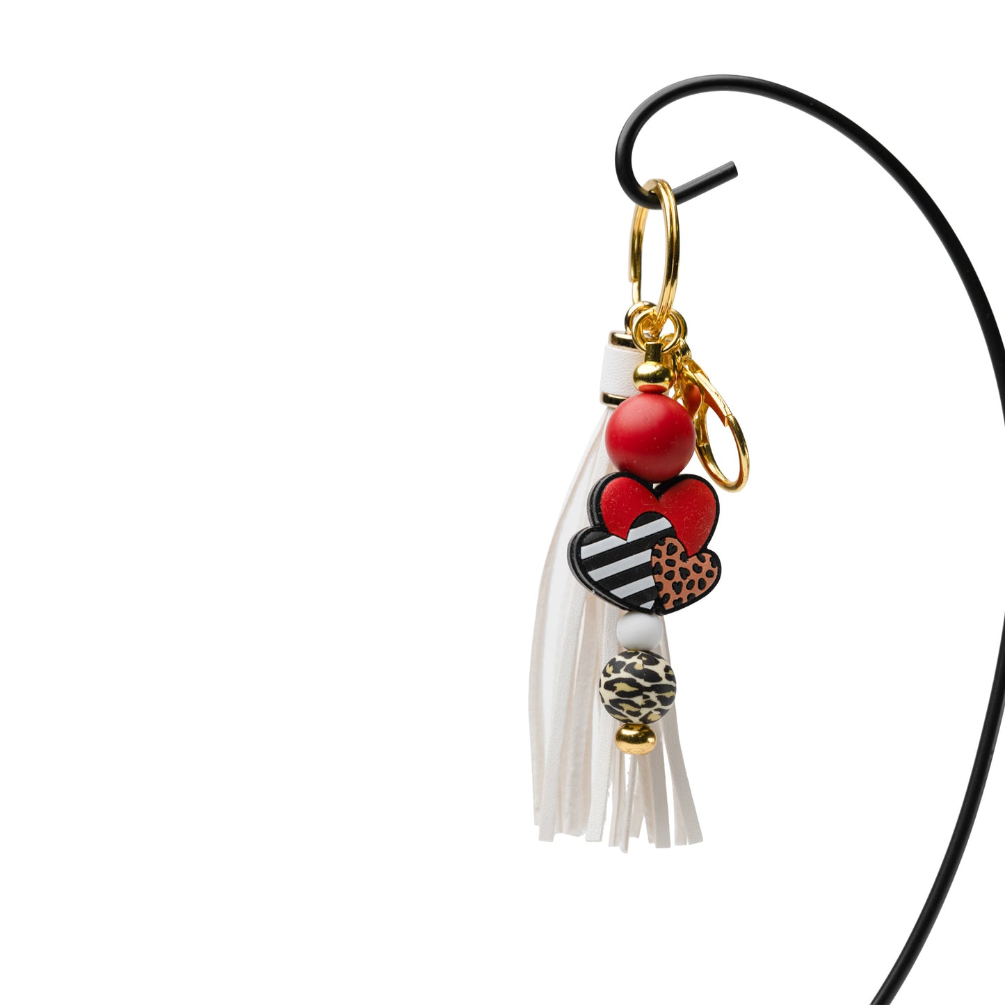 White Stacked Hearts Leopard Beaded Keychain with Tassel