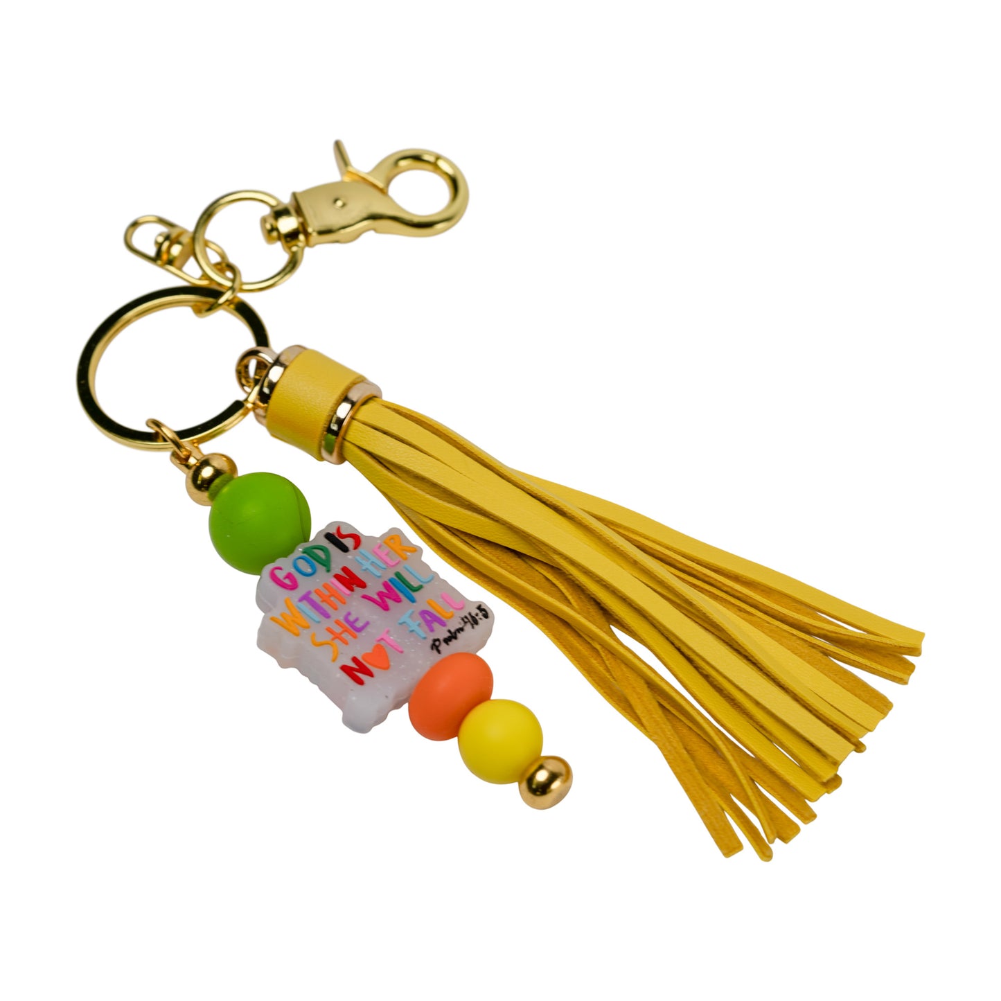 Psalm 46:5 Scripture Beaded Keychain with Yellow Tassel
